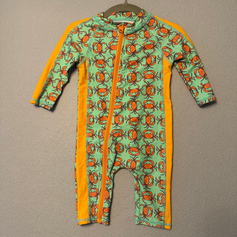SwimZip Crab Print Rash Guard One Piece Swimsuit Green Orange Unisex 0-6M